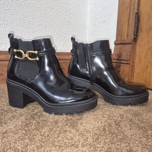 Black Ankle Boots with Gold Chain Detail